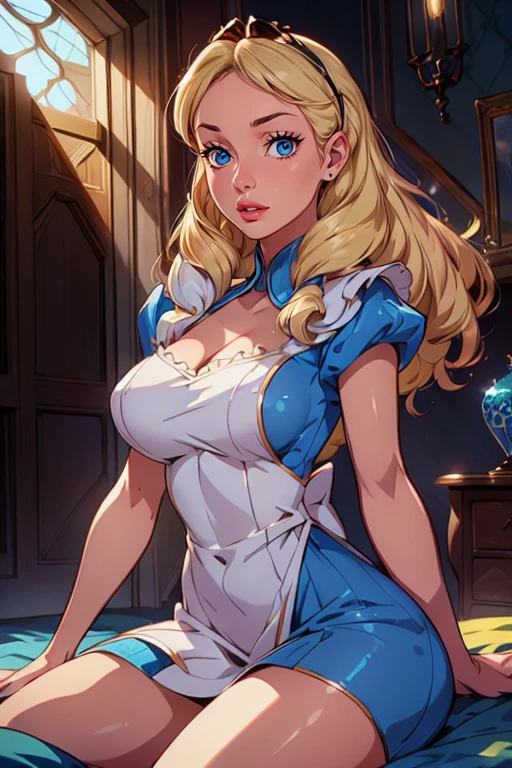 masterpiece, 1girl, solo, make her a sexy Alice in Wonderland with blonde hair, powder blue dress with white apron, white stockings, cleavage, dynamic, ultra high def, 32k, (perfect anatomy:1.5), perfect legs, in the style of Artgerm and Adam Hughes, perfect arms, downblouse