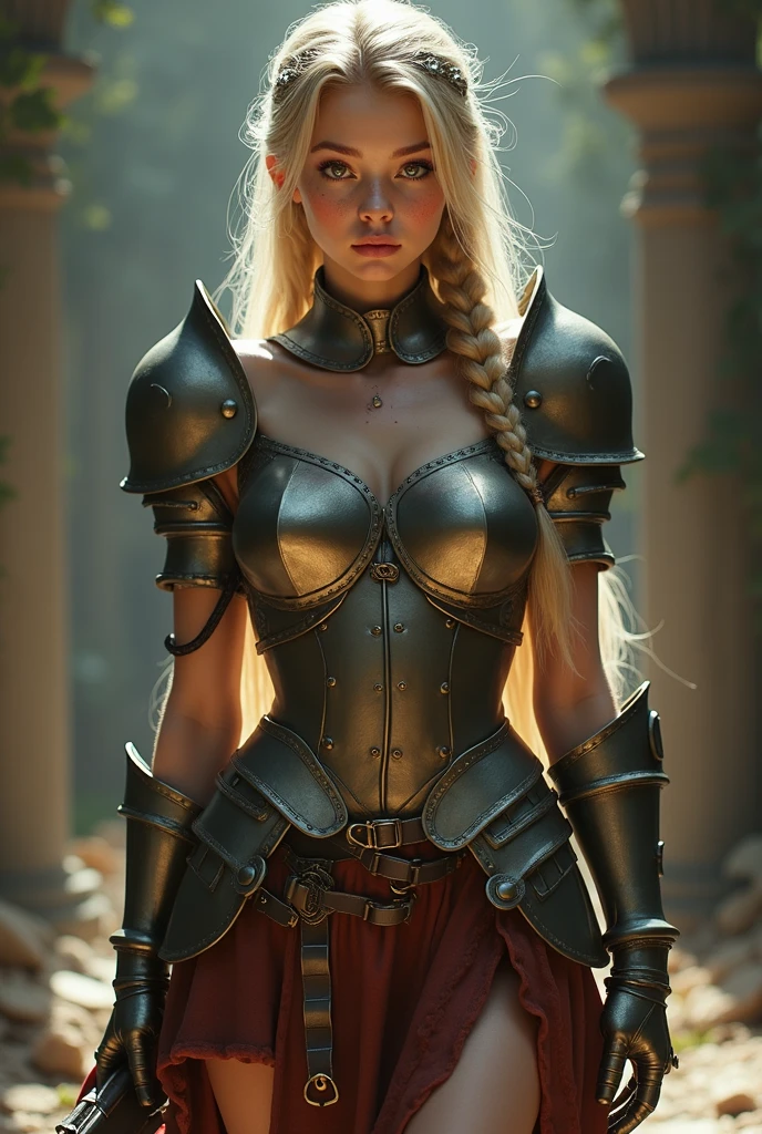 (((Armor and sword of Joan of Arc:1.3))),(((Ancient Western Landscapes:1,3))),(((Armed Girls in Europe:1.3))),(((Enhance your movements with a sword with a motion blur effect:1.3))),(beautiful a girl),Red pleated skirt,breast slip,(blondehair,Ponytail twisted buns adorned with elaborate braids and beads,Braided Setup Fishbone Hair,),(Bangs are see-through bangs),(((emphasizing breasts:1.3))),(Dynamic angles),(Dynamic and sexy poses),(bending forward:1.3),(((Dignified statue))),(((hair pin,a necklace,piercings))),Colossal tits,Blush with embarrassment,Enraptured eyes,skin glistening with sweat,gazing at viewer,Disturbance of clothing due to movement,pointed red mouth,Perfect round face,,Proper body proportion,Intricate details,Very delicate and beautiful hair,photos realistic,Dreamy,Professional Movie Lighting,realistic shadow,Solo Focus,Beautiful hands,Beautiful fingers,Detailed finger features,detailed clothes features,Detailed hair features,detailed facial features,(masutepiece,top-quality,Ultra-high resolution output image,) ,(The 8k quality,),(Image Mode Ultra HD,)