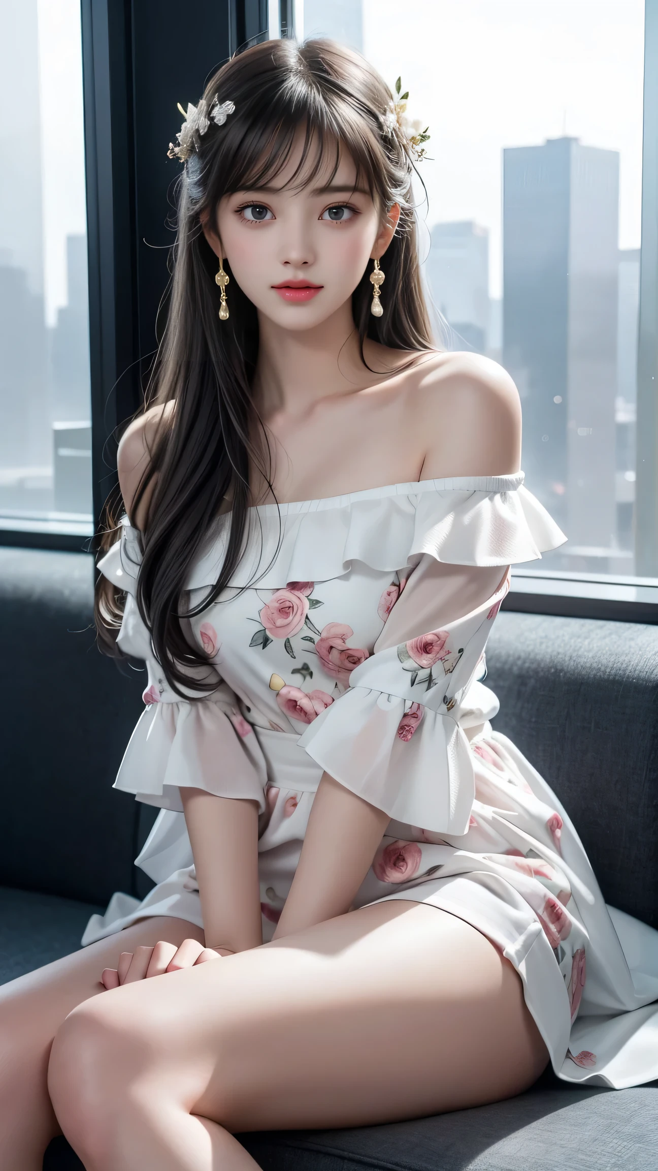 （(Girl lying on bed))、Beauty、 One Girl、alone、Long Hair、Viewer、smile、（Eyes closed)、hair ornaments、、gem、Gray Hair、Shut your mouth、Blunt banganicure、bracelet、lips、Grey Eyes、Portraiture、Red nails、close、赤いlips、Put your hands on your face、Place your hand on your cheek、()、(Shiny skin)、((Skyscrapers are hazy outside the window))、(Off-shoulder white dress with floral pattern),),((Girl sleeping with legs slightly apart)),(Leg spread),((White panties are visible)),（Lift-up skirt)、
