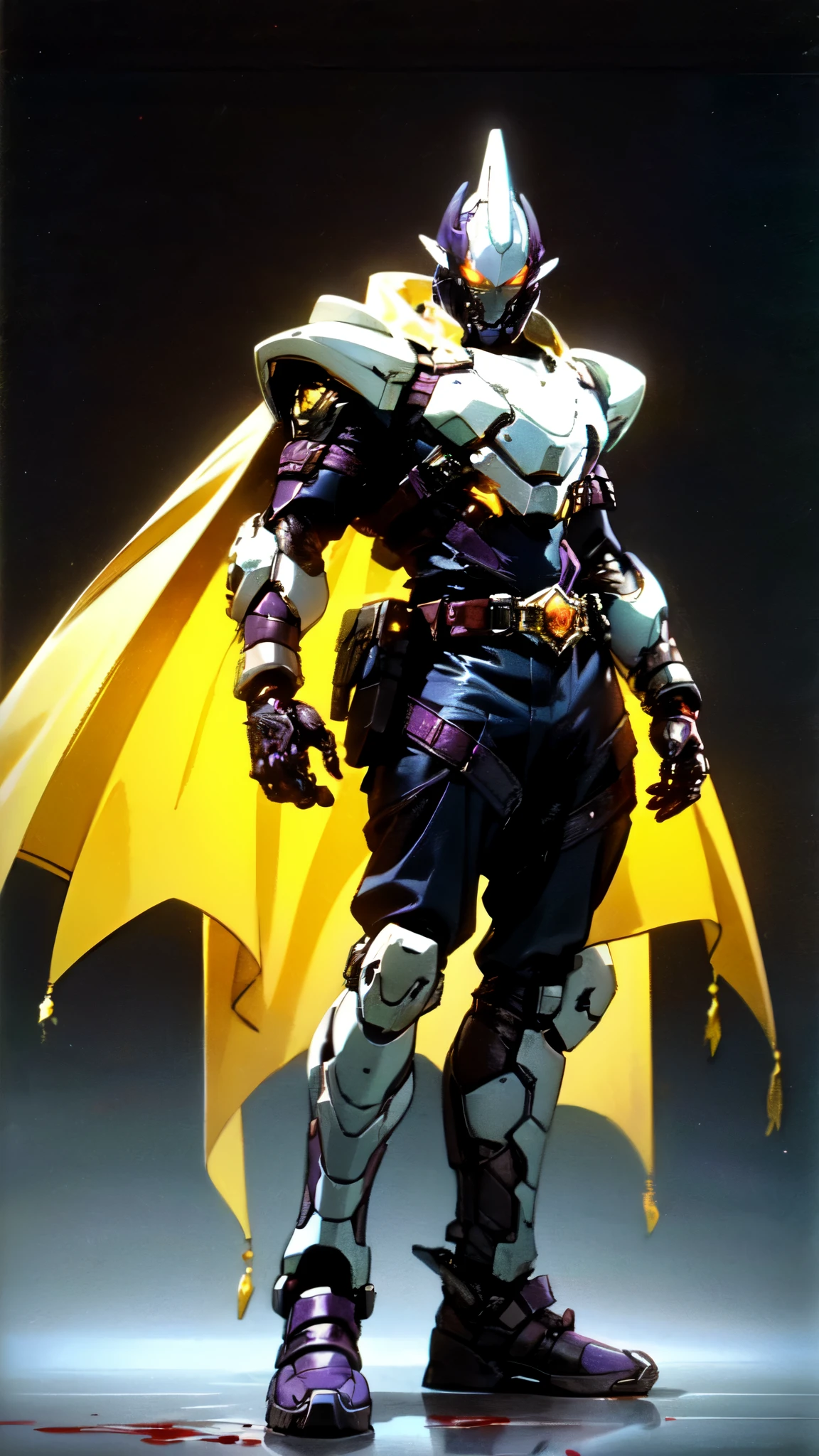 (masterpiece:1.5, best quality:1.5, extremely delicate:1.5), ((male:1.5)), a man wearing a full-face helmet, high-tech biomimetic armored combat suit, (a composite layered chest armor), the design balances heavy with agility, fully enclosed shoulder guards, matching arm and leg guards, a belt of gemstone, (the color scheme is primarily Red with Purple and Yellow accents, Organic Biotech, Concept Inspired by Vampire, glowing eyes, armor glows, huge cloak like devil wings, blood), stand of a futuristic sci-fi city, this character embodies a finely crafted fantasy-style armored hero in anime style, exquisite and mature art style, metallic, high definition, highres, ultra-detailed, ultra-fine painting, professional, perfect body proportions, golden ratio, anatomically correct, symmetrical face, extremely detailed eyes and face, high quality eyes, creativity, RAW photo, UHD, 32k, Natural light, cinematic lighting, (masterpiece-anatomy-perfect:1.2)