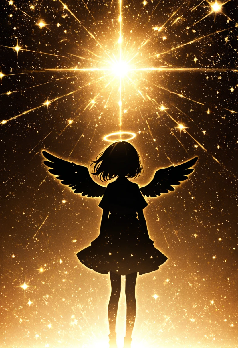 ((   glitter))、Shine絵、 glitterエフェクト 、  one angel,Black silhouette, galaxy silhouettes ,シルエット内部がShine, Imaginary,grow up, Yellow light,Shine ,sepia,Unity,  光がShine  ,    can be seen from a distance  