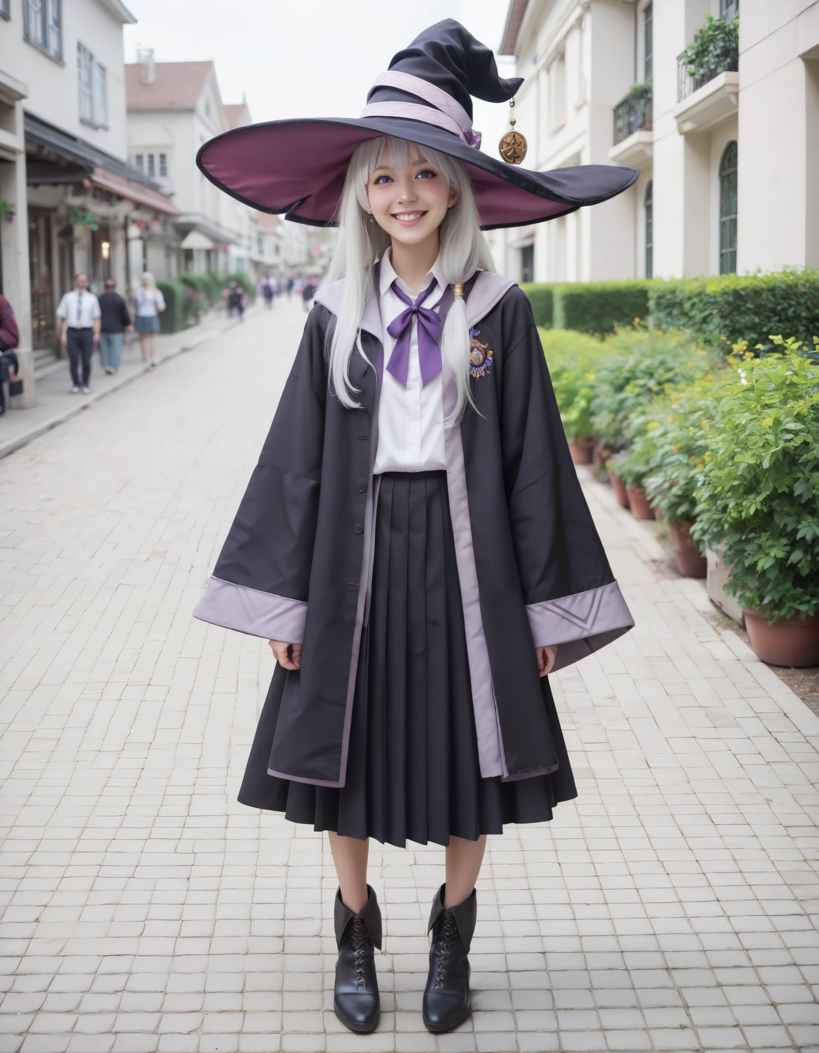 Masterpiece, hd, best quality, realistic, cosplayer, detailed, elaina \(majo no tabitabi\),purple eyes, grey hair, white hair, long hair,witch hat,collared shirt,robe,wide sleeves,pleated skirt,frilled skirt,pointy footwear, standing, outdoor, village, fullbody, smile