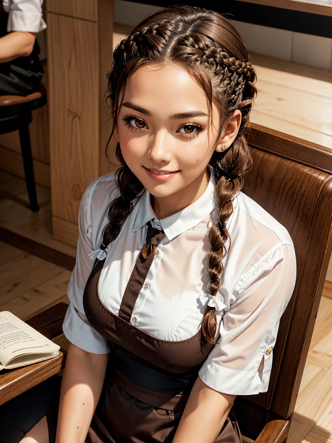 fluffy hair,Brown hair,(downside twin tails),((Braided shorthair)),Slightly red tide,((Brown eyes)),(A coffee shop with a Showa retro atmosphere),((siphon or coffee cup)),(A counter with a warm and modern atmosphere),((Meiji period～Showa era waitress)),(maid clothes),(White headdress),((Sit in a chair and read a book)),Staring at me,(Pin Heel Shoes),Smile with a kind face,((close up)),(((close up of face))),