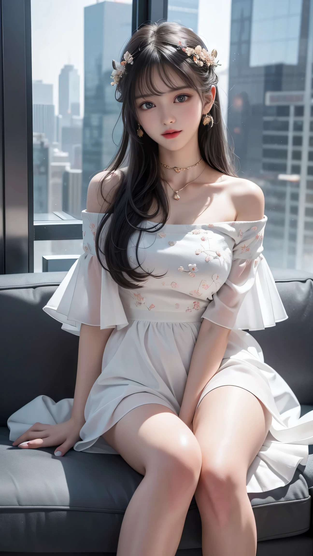Araffe asian woman sitting on a couch in a white dress - SeaArt AI