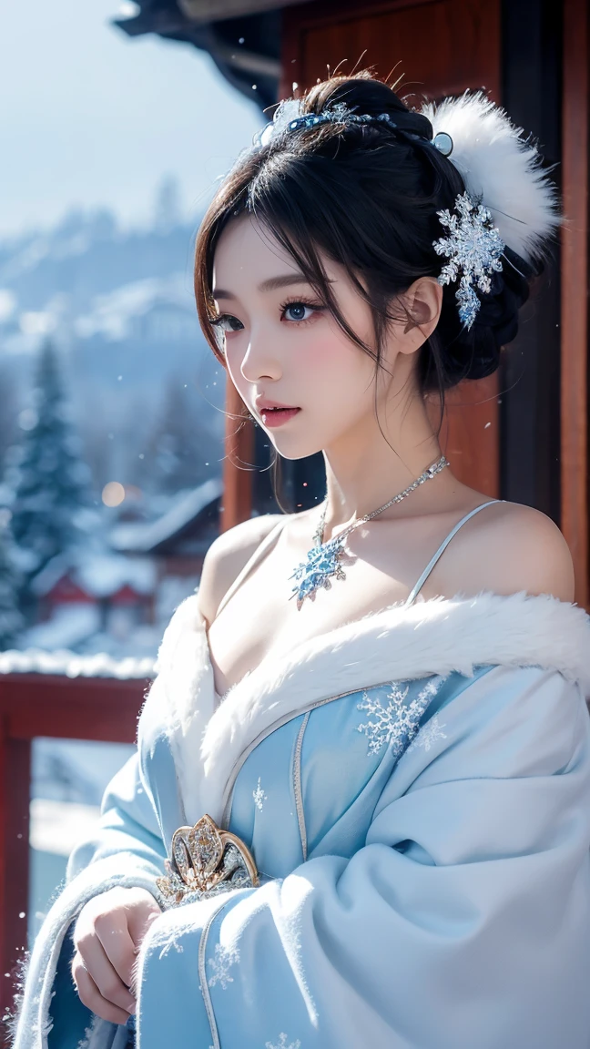 image of a highly stylized Japan girl character, possibly inspired by real aesthetics. The character is wearing an intricate, revealing outfit with icy blue and white colors, adorned with snowflake patterns and fur trims. The background features a snowy landscape with a house in the distance, and the character's appearance is enhanced with flawless makeup and a detailed hairstyle, resembling a winter-themed fantasy.