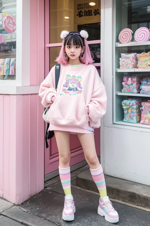 Masterpiece, Asian young woman inspired by Harajuku Street fashion, wearing a pastel oversized sweater with cute cartoon prints, rainbow-striped knee-high socks, platform sneakers, accessorized with fluffy hair clips and a mini backpack, standing in front of a colorful candy shop, vibrant and cheerful, high-fashion magazine aesthetic, ultra-HD details, 8K resolution.