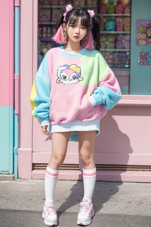 Masterpiece, Asian young woman inspired by Harajuku Street fashion, wearing a pastel oversized sweater with cute cartoon prints, rainbow-striped knee-high socks, platform sneakers, accessorized with fluffy hair clips and a mini backpack, standing in front of a colorful candy shop, vibrant and cheerful, high-fashion magazine aesthetic, ultra-HD details, 8K resolution.