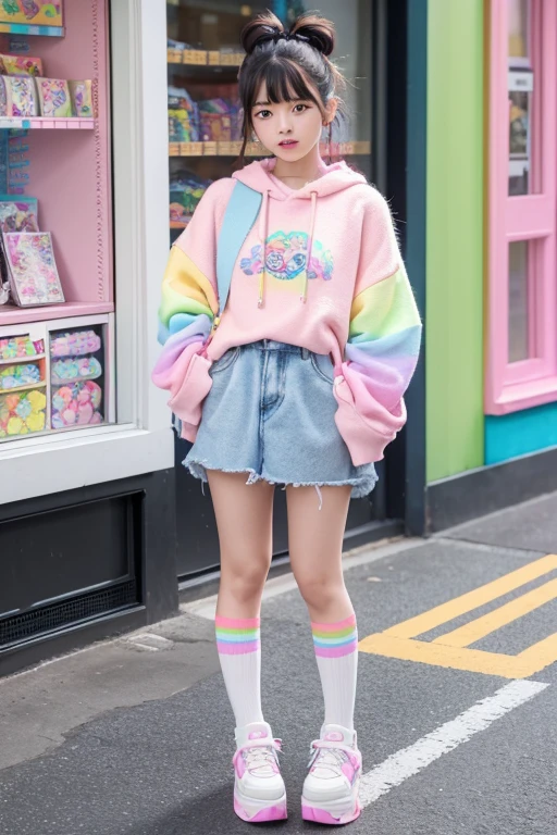 Masterpiece, Asian young woman inspired by Harajuku Street fashion, wearing a pastel oversized sweater with cute cartoon prints, rainbow-striped knee-high socks, platform sneakers, accessorized with fluffy hair clips and a mini backpack, standing in front of a colorful candy shop, vibrant and cheerful, high-fashion magazine aesthetic, ultra-HD details, 8K resolution.