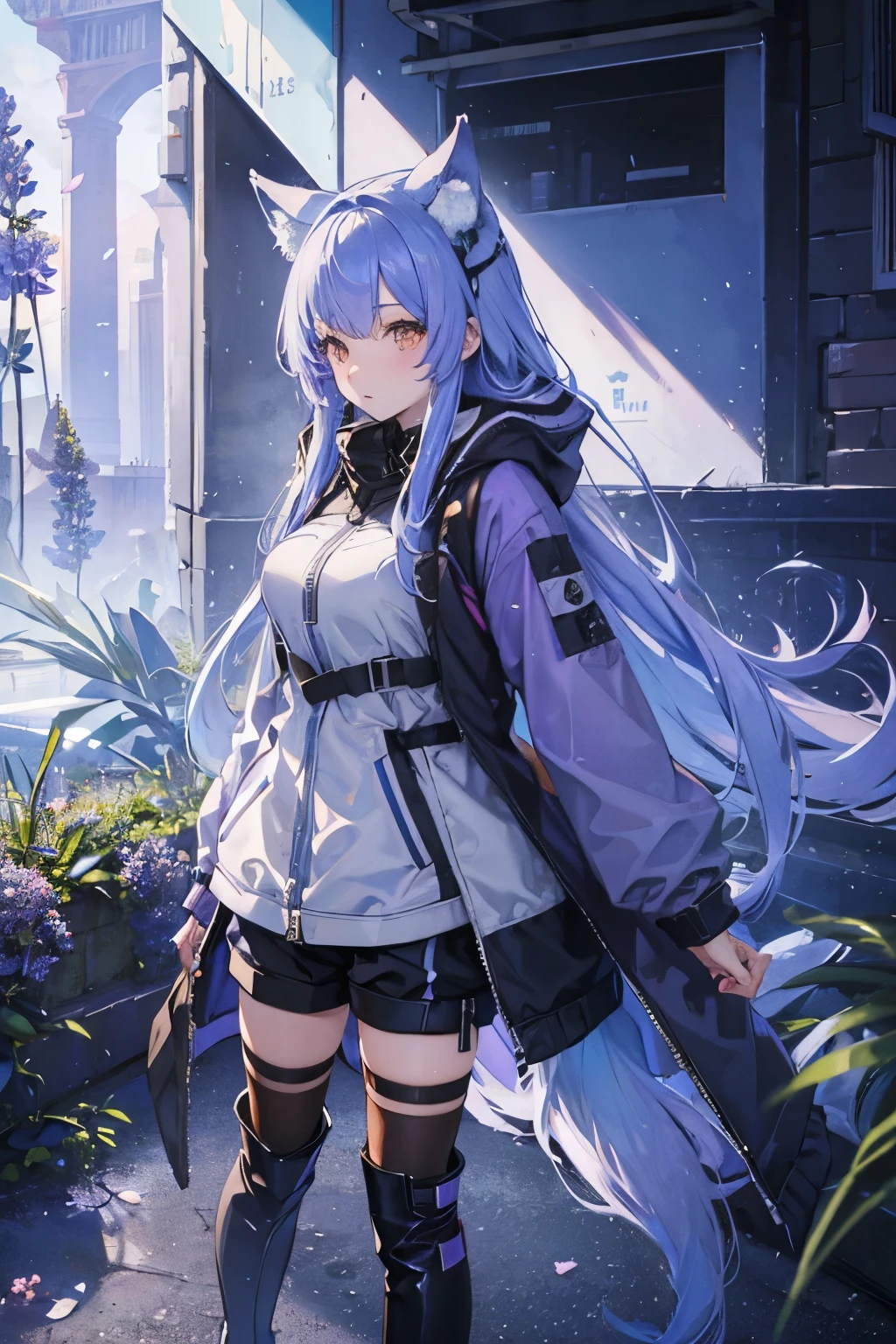 (( top quality)), (( high image quality)), ((masterpiece)), ( Details), 1 girl , ((Ice lavender hair)),Wolf ears and tail, Brown Eyes, long hair, Around town, Long Parka, Shorts, long boots, knee-high socks, Futuristic clothing, Big Breasts