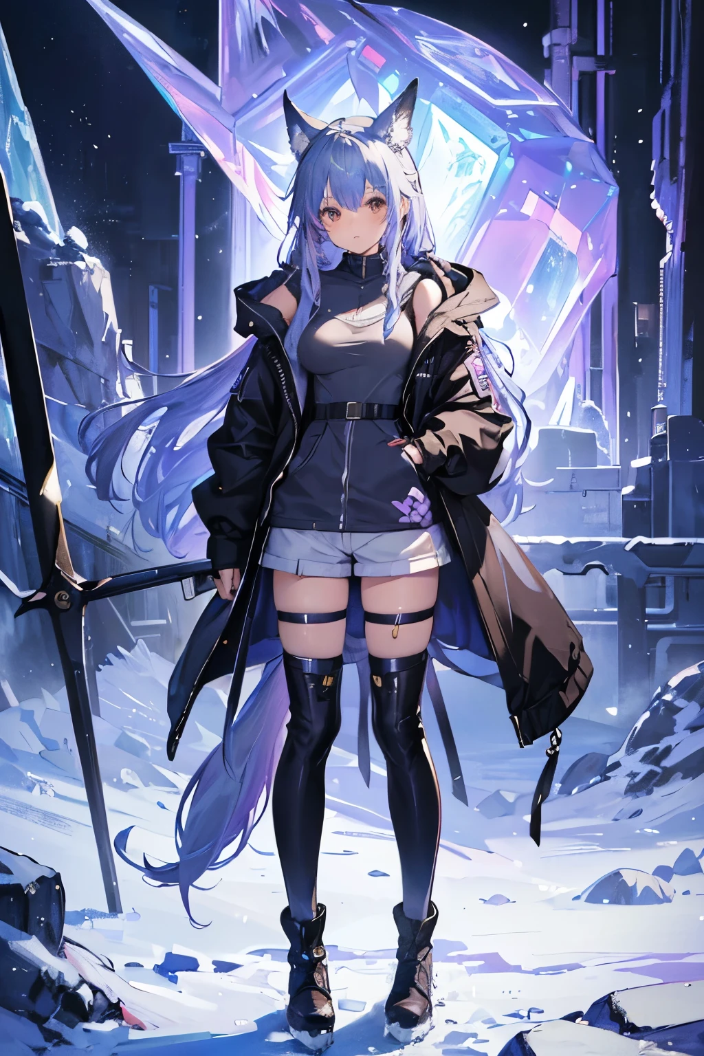 (( top quality)), (( high image quality)), ((masterpiece)), ( Details), 1 girl , ((Ice lavender hair)),Wolf ears and tail, Brown Eyes, long hair, Around town, Long Parka, Shorts, long boots, knee-high socks, Futuristic clothing, Big Breasts