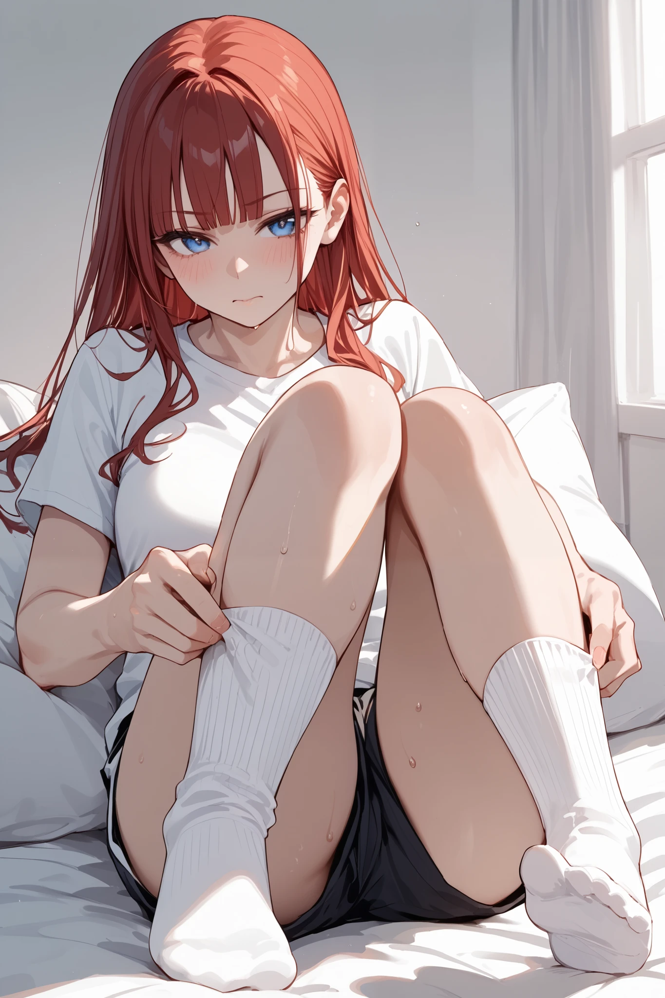 foot focus,dressing socks, adjusting legwear, loose black shorts,loose white short sleeve gym clothes 、White socks,Straight hair,Long hair ,Red Hair, blunt bangs,A woman sitting on a bed in her apartment at home, wearing socks,sweat、blush,blue eyes