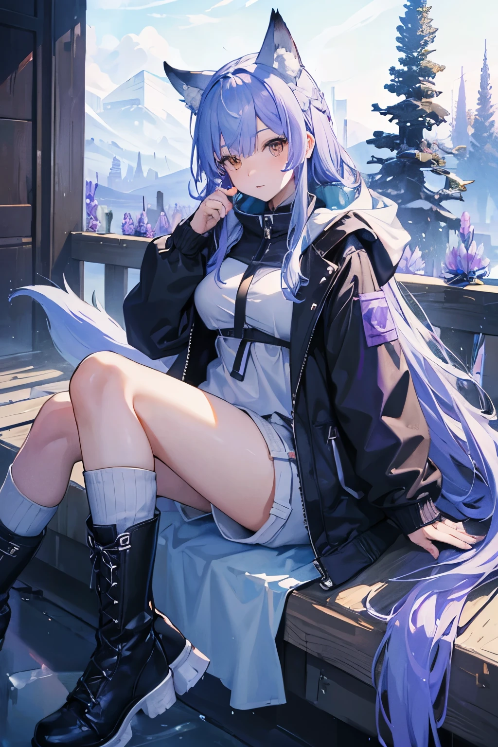 (( top quality)), (( high image quality)), ((masterpiece)), ( Details), 1 girl , ((Ice lavender hair)),Wolf ears and tail, Brown Eyes, long hair, Around town, Long Parka, Shorts, long boots, knee-high socks, Futuristic clothing, Big Breasts