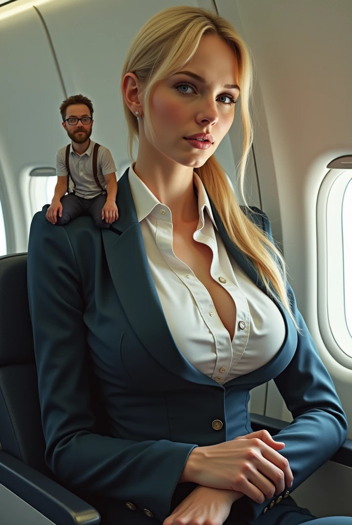 araffes in a black dress on a plane with a man in a suit, dominant pose, elegant pose, on her knees, bottom angle, on knees, lit from behind, touching her clothes, hugging her knees, ultra realistic picture, elegant seducing pose, sensual pose, tight attire, sexy pose, juicy legs, sexy dominant pose