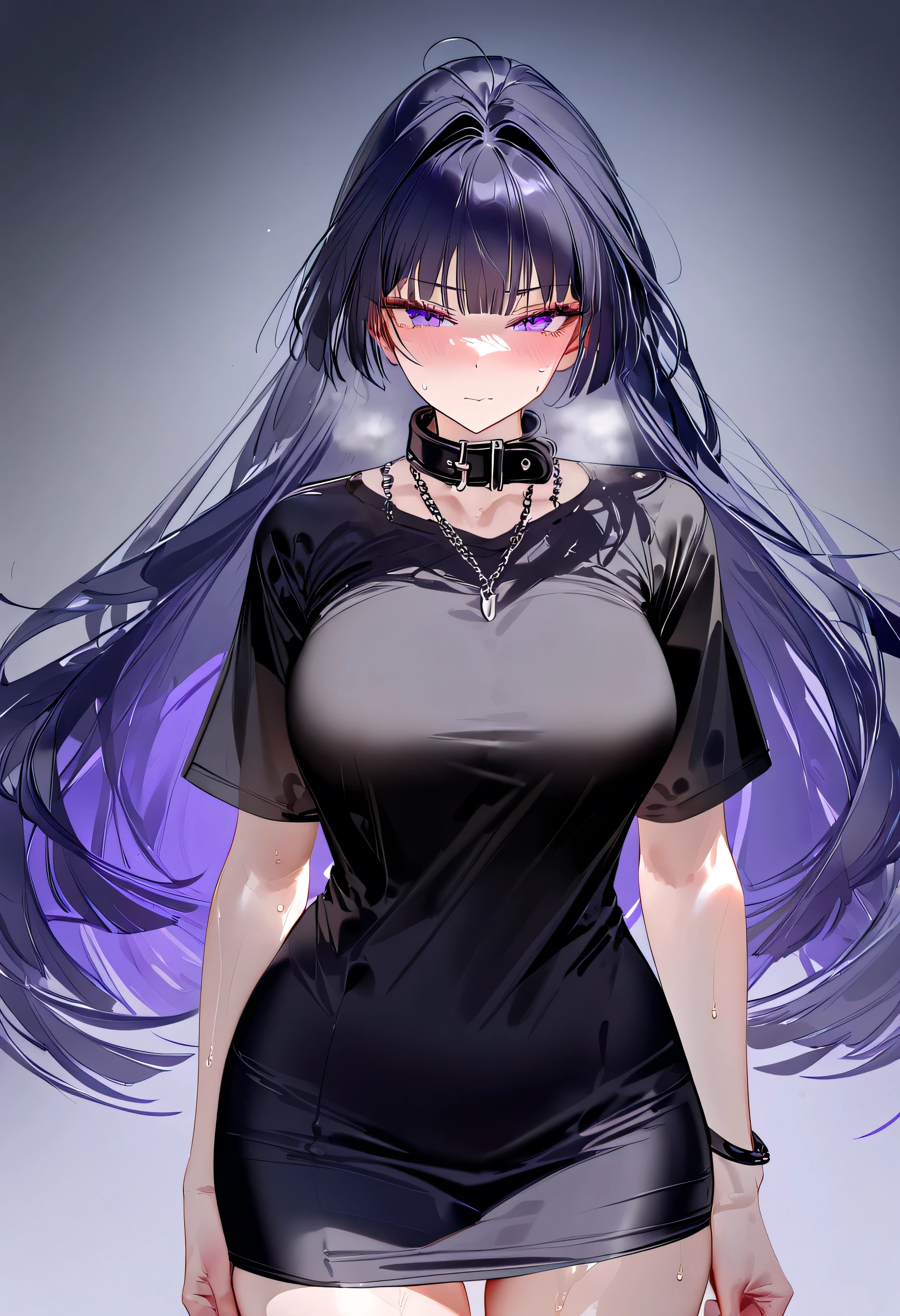 RAR, score_9, score_8_up, score_7_up, masterpiece, best quality, absurdres, vibrant, highly detailed, 1girl, adult grown woman, raiden mei, purple hair, long hair, purple eyes, blush, heavy breathing, closed mouth, sweat, minimalist design outfit, black shirt, oversized shirt, shirt, off shoulder, stockings, necklace, smpp, chain, collar, pet play, 