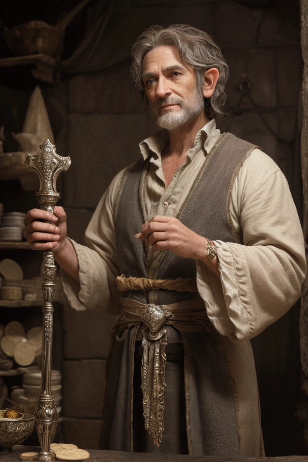 Photorealistic image looking slightly downward at a middle aged, mischievous, male hobbit thief. Normal ears. He is wearing a slightly frilly white shirt under under a plain dark gray topcoat. short dark brown hair. No beard. long, bushy sideburns. His feet are bare. he stands on coins and jewels in a hoard. he holds a curved, emerald-encrusted dagger by the handle with the blade pointing down. he looks up at the camera with a wry smile and raised eyebrows. 