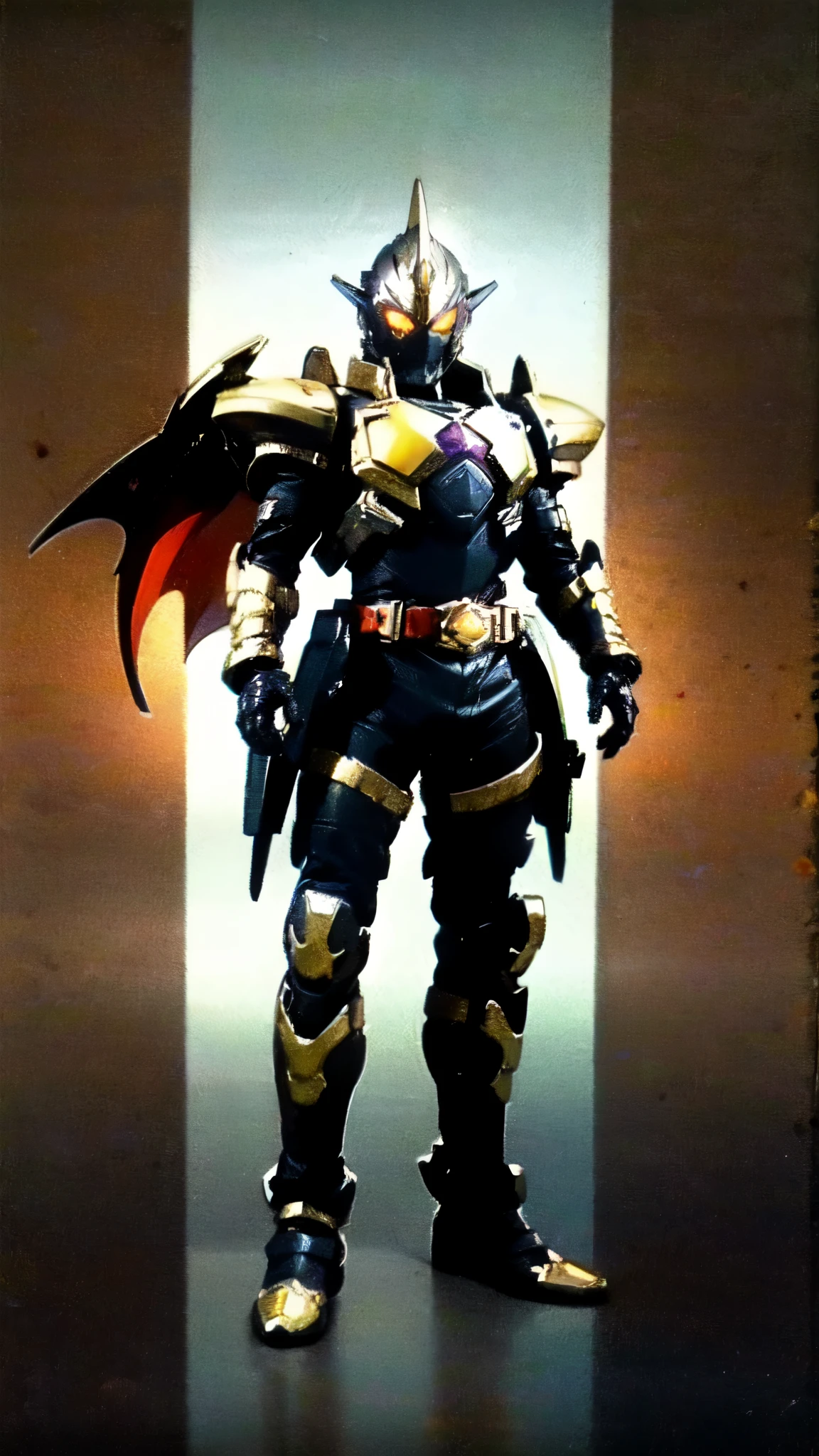 (masterpiece:1.5, best quality:1.5, extremely delicate:1.5), ((male:1.5)), a man wearing a full-face helmet, high-tech biomimetic armored combat suit, (a composite layered chest armor), the design balances heavy with agility, fully enclosed shoulder guards, matching arm and leg guards, a belt of gemstone, (the color scheme is primarily Red with Purple and Yellow accents, Organic Biotech, Concept Inspired by Vampire, glowing eyes, armor glows, huge cloak like devil wings), stand of a futuristic sci-fi city, this character embodies a finely crafted fantasy-style armored hero in anime style, exquisite and mature art style, metallic, high definition, highres, ultra-detailed, ultra-fine painting, professional, perfect body proportions, golden ratio, anatomically correct, symmetrical face, extremely detailed eyes and face, high quality eyes, creativity, RAW photo, UHD, 32k, Natural light, cinematic lighting, (masterpiece-anatomy-perfect:1.2)