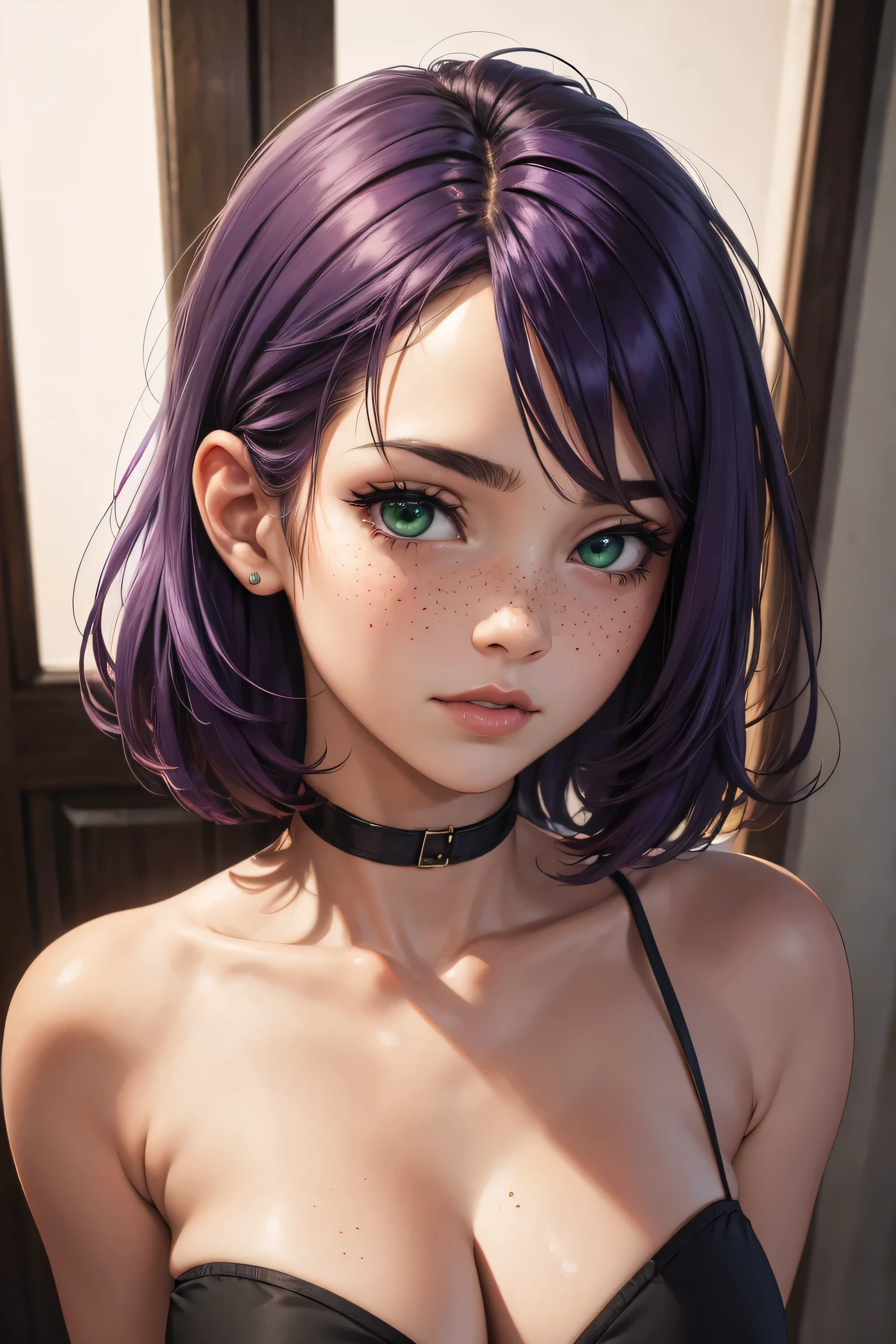 (masterpiece, highres, high resolution:1.2), anime 20 yo girl, portrait, shoulders up, illustration. drawn, violet hair woman, green eyes, blushing, solo, surprised, freckles, big lips, huge breasts, perfect body, wearing a tube top, no hands,