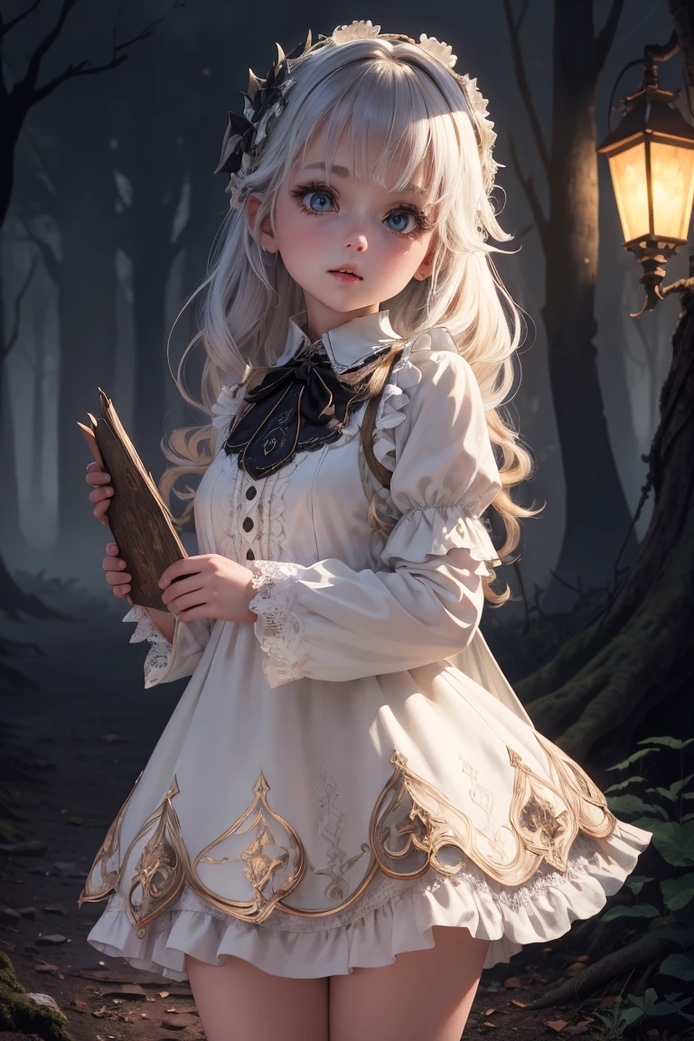 ((Super detailed,ultra high resolution,detailed background)),ancient city,dark forest at night,spooky,Chill,Inspiration,1 girl,litle lolita,wearing a white minidress、Wearing a white collared long-sleeved blouse、lace,small breast