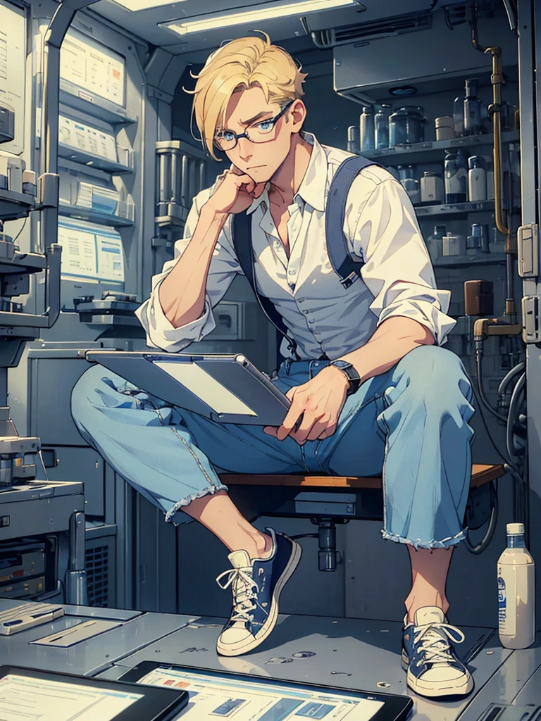 masterpiece, high quality, male, mid-30s, (upper body), sitting, ((holding tablet)), tall, average looking, nerdy, short blond hair, blue eyes, (glasses), looking worried, looking sad, wearing white shirt, [(unbuttoned) waistcoat : 3], cargo jeans, wristwatch, wearing converse sneakers, (empty) futuristic lab, intricate details