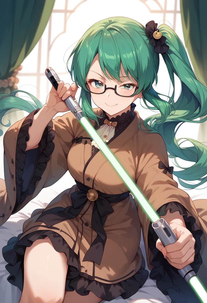 masterpiece, high definition , top quality,8k
(Kagura Suzu, green hair,side ponytail,Glasses)
smile,Concentrated face( Brown Robe,green Lightsaber)