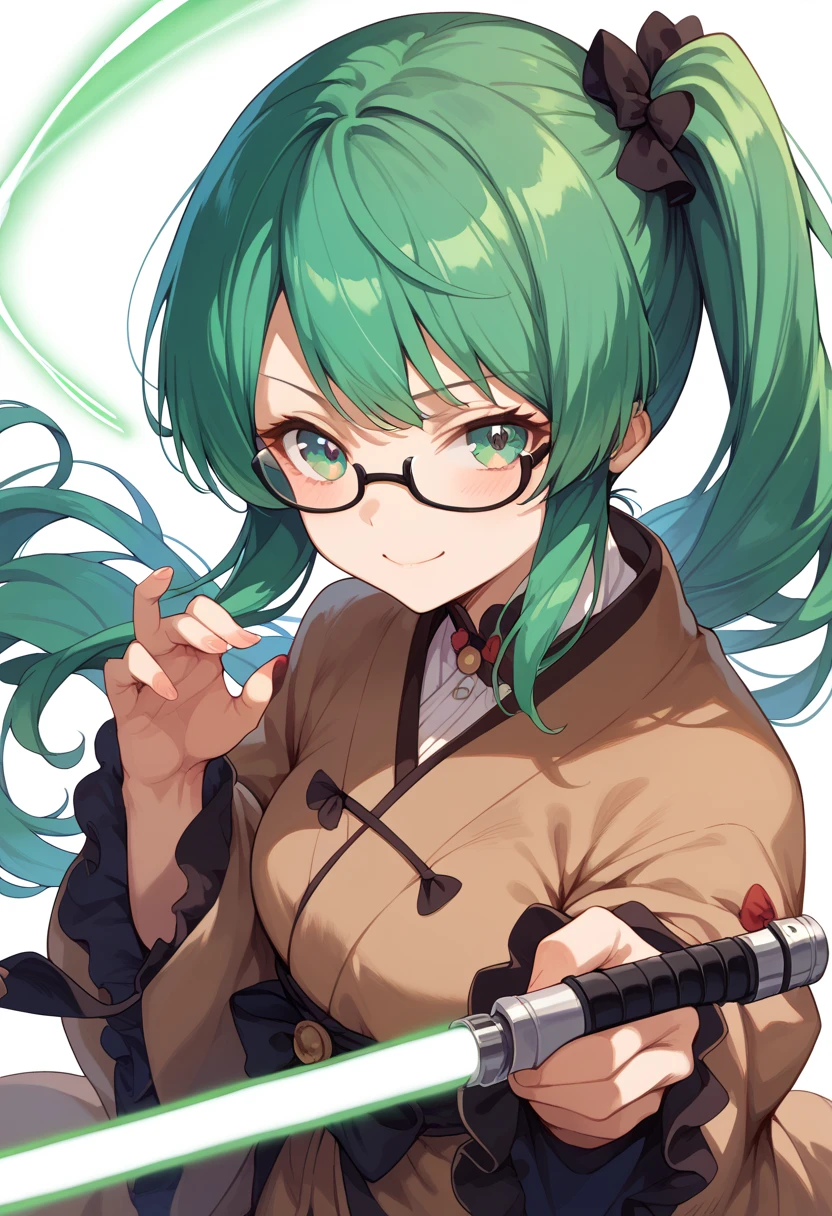 masterpiece, high definition , top quality,8k
(Kagura Suzu, green hair,side ponytail,Glasses)
smile,Concentrated face( Brown Robe,green Lightsaber)