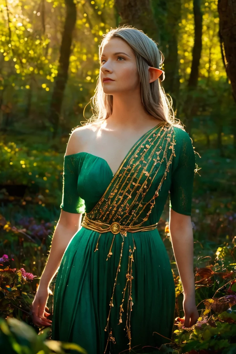 Galadriel, a radiant elven queen, standing gracefully in a magical elven forest bathed in soft, ethereal light. She is wearing a flowing green dress adorned with intricate golden embroidery, reminiscent of delicate vines and leaves, perfectly complementing the lush surroundings. Her long, silvery hair cascades over her shoulders, glowing softly in the dappled sunlight filtering through ancient, towering trees. The forest is alive with magical energy, featuring bioluminescent flowers, sparkling streams, and faint, glowing particles floating in the air. Her expression is serene and wise, her piercing eyes reflecting the timeless beauty and wisdom of the elves. The scene is infused with an otherworldly atmosphere, with fine details in the textures of her dress, the bark of the trees, and the vibrant flora. Photorealistic rendering, ultra-high-definition, with dramatic, yet soft lighting highlighting her elegance and the magical ambiance of the forest.