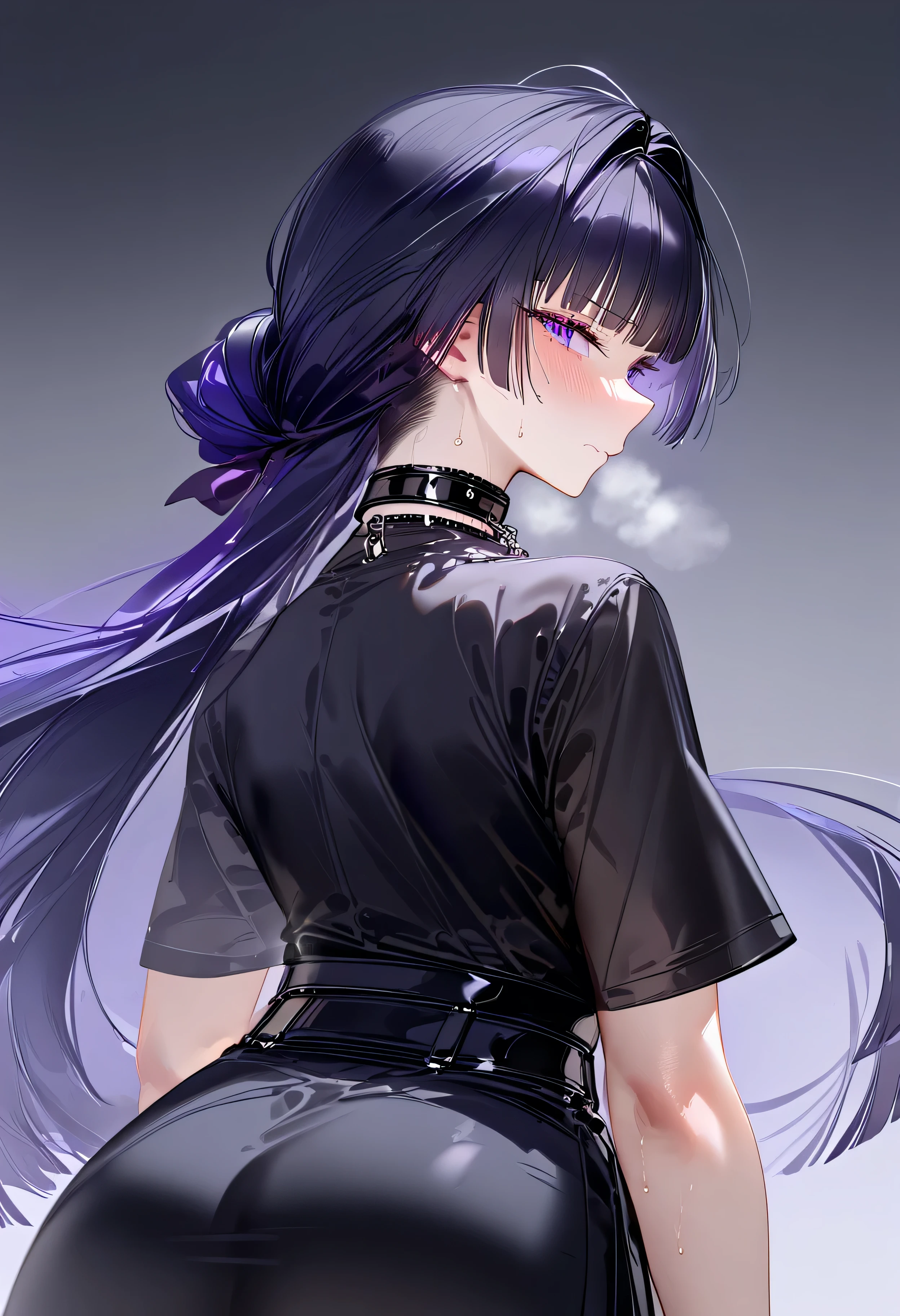 RAR, score_9, score_8_up, score_7_up, masterpiece, best quality, absurdres, vibrant, highly detailed, 1girl, adult grown woman, raiden mei, purple hair, long hair, purple eyes, blush, heavy breathing, closed mouth, sweat, minimalist design outfit, black shirt, oversized shirt, shirt, off shoulder, stockings, necklace, chain, collar, SHAFT LOOK, LOOKING BACK, FROM BEHIND, HEAD TILT