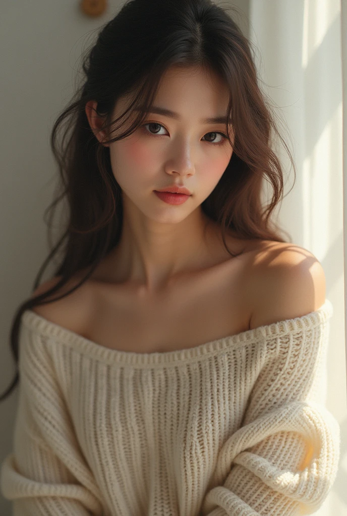 Realistic photos of cute Korean stars, I slicked my hair back., White skin, Her chest size is 32 inches, Wear a sweater, In a stone house, Close-up portrait, Ultra-high resolution