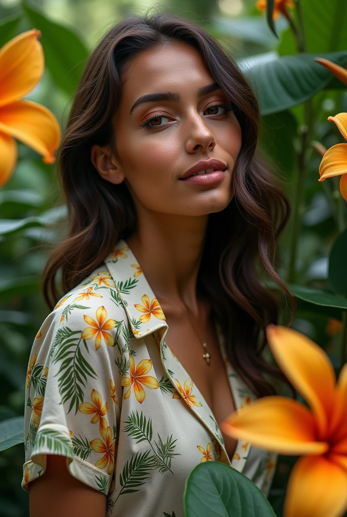 A Brazilian woman in a lush tropical garden, wearing an open shirt with a floral print, with a close-up capturing the harmonious beauty between her breasts and the natural flowers, showing off your natural charm and outgoing personality.