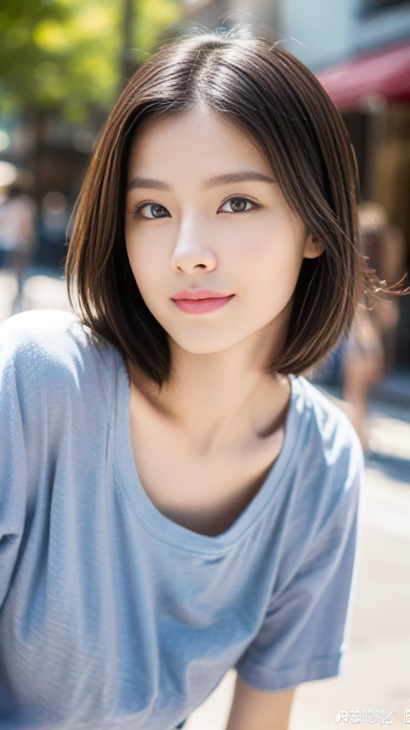 super quality、 ultra high resolution、8k、prety、The most beautiful woman in the world、（ brown bob cut hair:1.5）、Small face、Thin, thin eyebrows 、daytime、street、realistic、（ White t-shirt :1.5）、 jeans 、Sexy Expression 、 sexy pose、