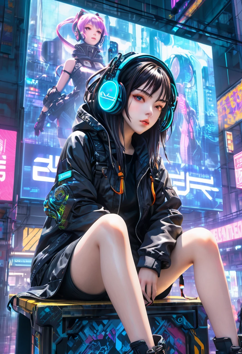 Handsome, Solitary, 1 female, Medium Length Hair, white hair, Rainbow hair, Purple Eyes, Black and white hood, Futuristic, Cyberpunk, Cybernetics，Bare legs