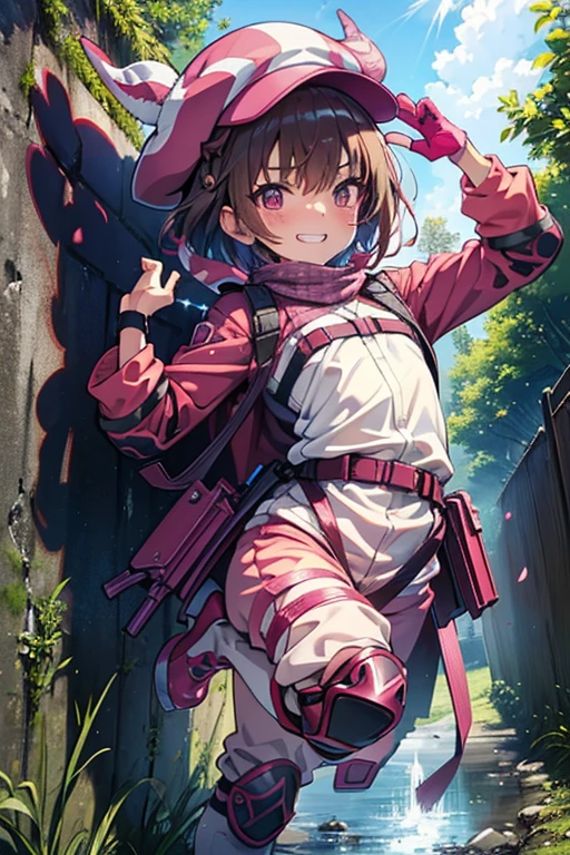 standing, leg up,pose standing one leg up, from below, looking down,
Llenn,anime style,(( top quality)), ((masterpiece)),( Details), high definition ,Sharp focus, perfect face, beautiful eyes,{best illustration},(非常に Details CG unity 8k wallpaper),
((( vibrant colors))),(((shiny 肌,very shiny 肌, Shiny Body ))),(plastic glitter 肌),(exaggerated shiny 肌,illuminated skin),
( perfect finger),(Five fingers),(complete anatomy),1 girl, , slim, small, (flat chest), Short Hair, light brown hair , female 
(pink battle jacket),(pink long pants), pink bottoms, knee pads, fur trim, gloves, straps, Pink animal hat,military boots,  
blush, grin,

Wire Mesh,Unpopular,Along the irrigation canal,Outdoor,cracked asphalt,weed, Ruined Wall,