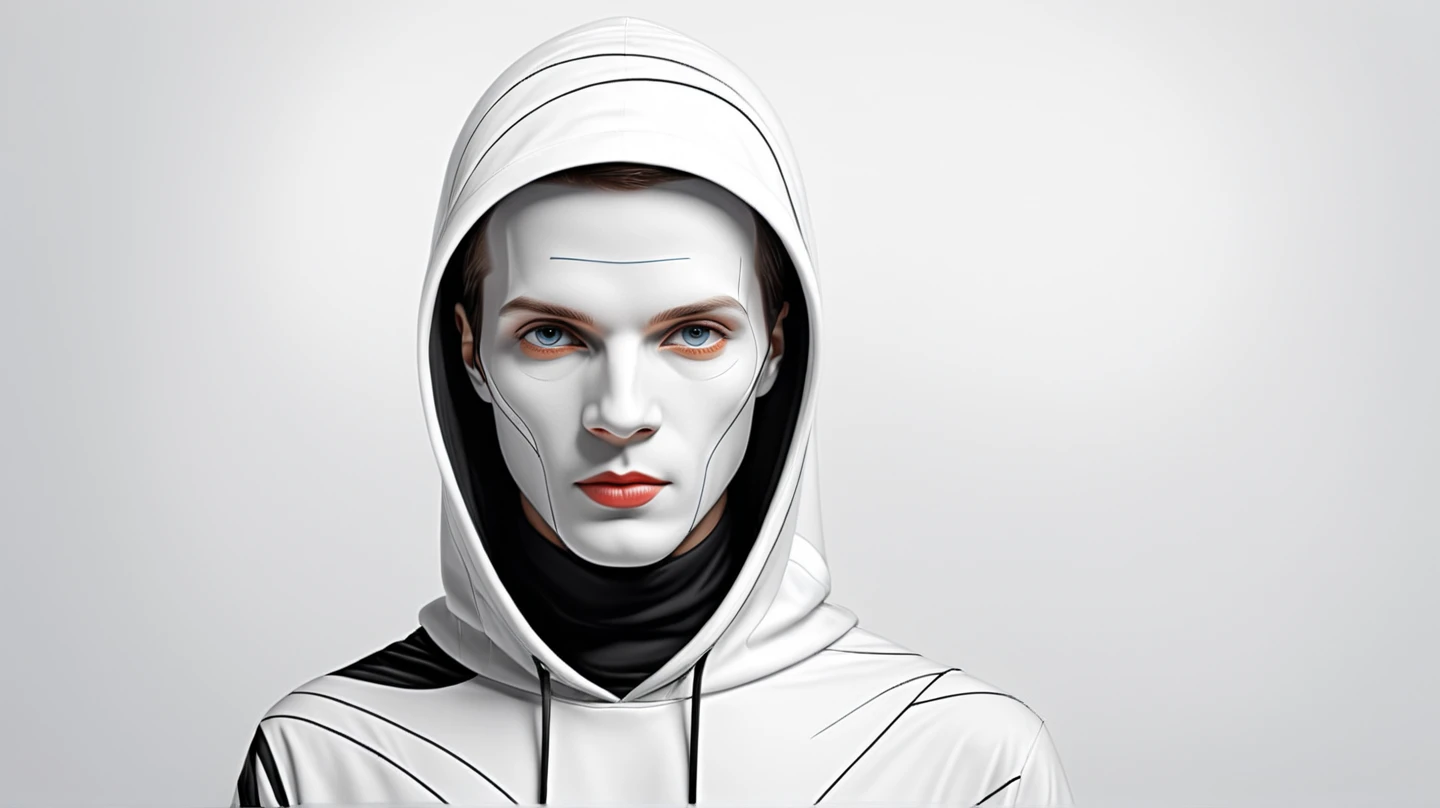 a man in white hoodie, a man is a programmer, inspired by Darek Zabrocki, inspired by andrey ryabovichev, modern digital art, contemporary digital art, by andrei riabovitchev, futuristic man portrait, stunning digital art, beautiful photorealistic artwork, professional, sleek, modern, minimalist, graphic, line art, vector graphics