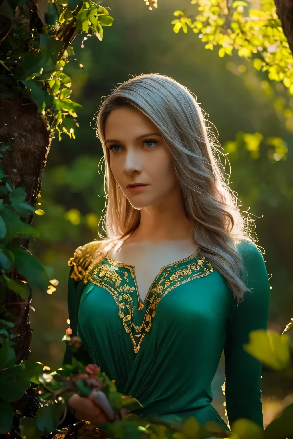 Galadriel, a radiant elven queen, standing gracefully in a magical elven forest bathed in soft, ethereal light. She is wearing a flowing green dress adorned with intricate golden embroidery, reminiscent of delicate vines and leaves, perfectly complementing the lush surroundings. Her long, silvery hair cascades over her shoulders, glowing softly in the dappled sunlight filtering through ancient, towering trees. The forest is alive with magical energy, featuring bioluminescent flowers, sparkling streams, and faint, glowing particles floating in the air. Her expression is serene and wise, her piercing eyes reflecting the timeless beauty and wisdom of the elves. The scene is infused with an otherworldly atmosphere, with fine details in the textures of her dress, the bark of the trees, and the vibrant flora. Photorealistic rendering, ultra-high-definition, with dramatic, yet soft lighting highlighting her elegance and the magical ambiance of the forest.