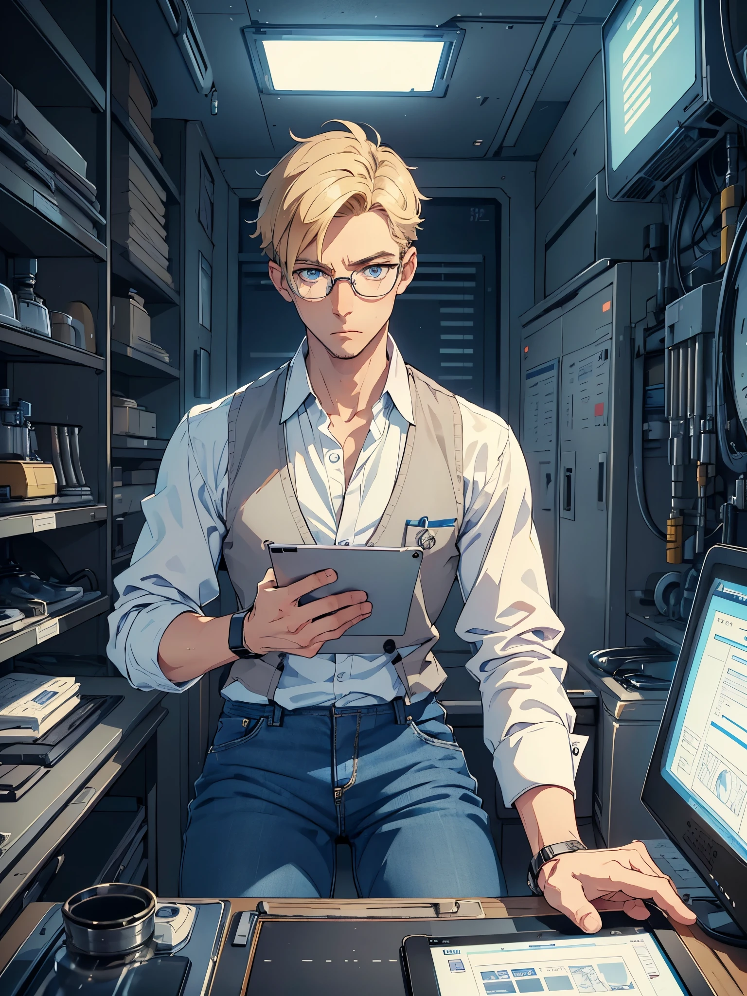 masterpiece, high quality, male, mid-30s, (upper body), sitting, ((holding tablet)), tall, average looking, nerdy, short blond hair, blue eyes, (glasses), looking worried, looking sad, wearing white shirt, [(unbuttoned) waistcoat : 3], cargo jeans, wristwatch, wearing converse sneakers, (empty) futuristic lab, intricate details