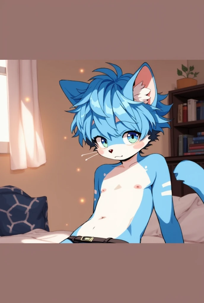 adult, feline, mammal, anthro, anthromorphic, cat, striped, fur, furred_anthro, femboy, male, blue, ear_tufts, purple, paws, hair_tuft, hair_between_eyes, long_tail, fluffy, expressive_eyes, blue/teal_hair, light looking_at_viewer, blue_fur, shy, small_pupils, spotted_pattern, stripes, tiger_stripes, digital_art, high_resolution, high_res, background, shy, posing, laying_down, pink_paws, paws