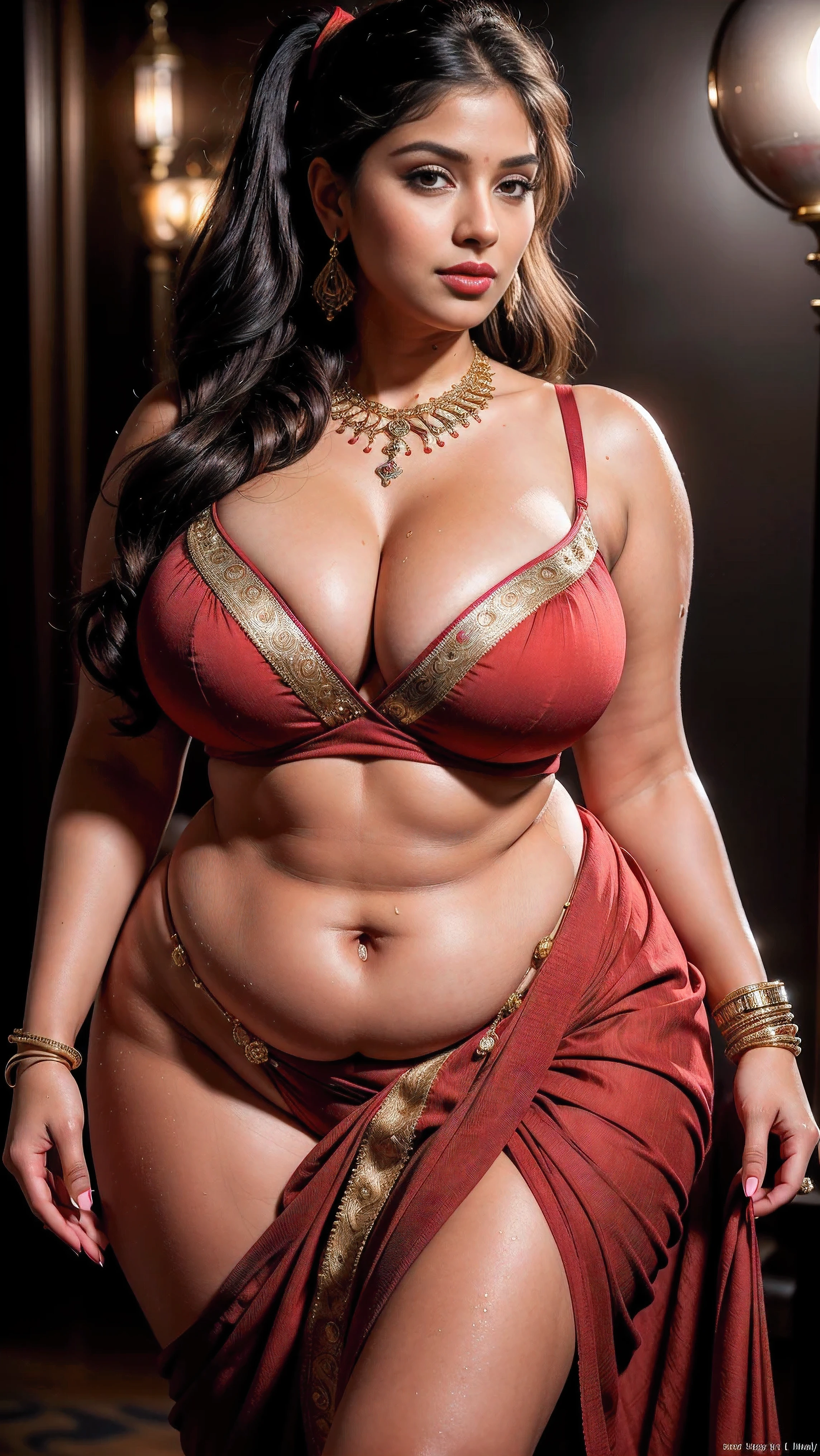 Beautiful cute wet tamanna bhatia, with thick thighs and a curvy waist, wearing a beautiful Indian dress, ((low waist)), (tied wet hair)), (( beautiful Indian dress)) , bindi on forehead, highly detailed, depth of field, cinematic lighting, intricate, ((26yo, gorgeous face, model, makeup)), gorgeous Indian woman in outdoor wearing blouse, fair skin, makeup, curvy, tall, hourglass figure, seductive , ((looking at left)), jewelry, black hair, ((big :1.0)), ((wide hips:1.1)), full figured, seductive, photorealism, hyper realistic, full face Blush, ((seductive face)) , (Voluptuous model embodying the spirit of a JRPG heroine), (Slim fit body accentuating her curves), (Huge breasts, subtly emphasized for realism), (Best quality rendering in 4K, achievable in 8K, high resolution), (Ultra-detailed and photorealistic: 1.37), (Studio lighting, casting soft shadows and illuminating every detail), (Sharp focus on the model's captivating features), (Physically-based rendering bringing depth and texture to her skin), (Digital art artfully blending reality and fantasy),showing heels, full body view, pishachini, gothic, horror, thick eye liner, standing,((Fully open bra ) perfect pink eyes, fantastic face, Indian, beautiful appearance, ((Red lips, glowing eyes , heir of curve 1.5)), ((beautiful details very large chest )), (Straight and ultra huge round neckline, no sagging of the chest), vintage Saree, red lips, sultry, ponytail, 4K, HD, standing, full front pose, from front, ((((FULL frONt POSE)))), ((wearing Jewelry, necklace, bangles,)), (((WEARING BLOUSE))),dynamic posing, wet body,