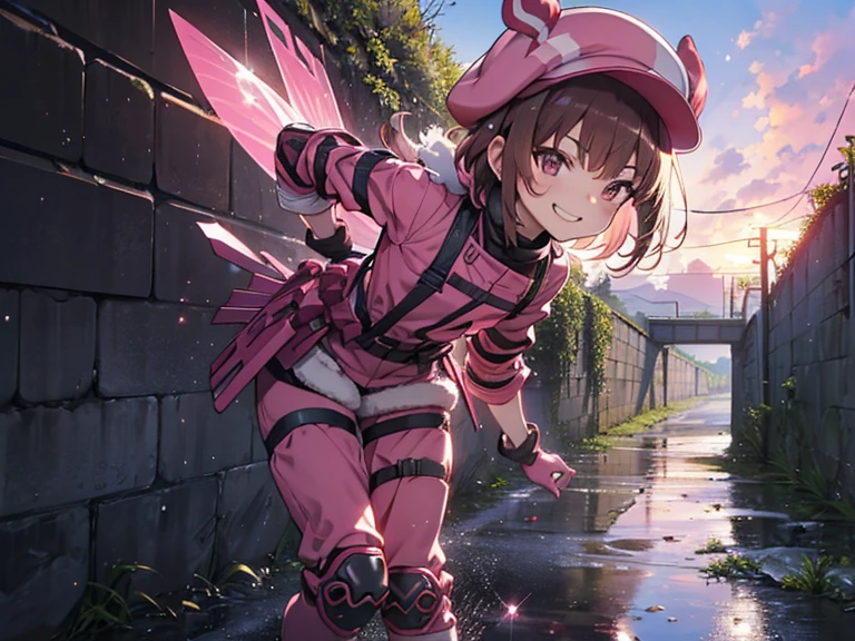 in battle, (leaning forward:1.5), (running with a forward lean:1.2),
 have a pink gun, p90,
Llenn,anime style,(( top quality)), ((masterpiece)),( Details), high definition ,Sharp focus, perfect face, beautiful eyes,{best illustration},(非常に Details CG unity 8k wallpaper),
((( vibrant colors))),(((shiny 肌,very shiny 肌, Shiny Body ))),(plastic glitter 肌),(exaggerated shiny 肌,illuminated skin),
( perfect finger),(Five fingers),(complete anatomy),1 girl, , slim, small, (flat chest), Short Hair, light brown hair , female 
(pink battle jacket),(pink long pants), pink bottoms, knee pads, fur trim, gloves, straps, Pink animal hat,military boots,  
blush, grin,

Wire Mesh,Unpopular,Along the irrigation canal,Outdoor,cracked asphalt,weed, Ruined Wall,