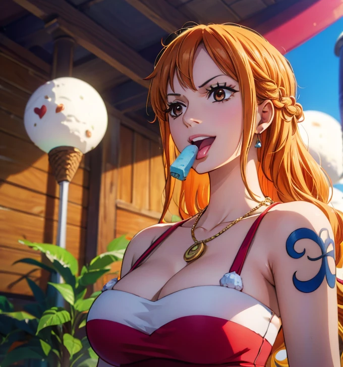 a cartoon picture of a woman in a bikini top and jeans, nami one piece, nami from one piece, nami, beautiful portrait of nami, from one piece, oppai, blue eyes, smoking, ponytail