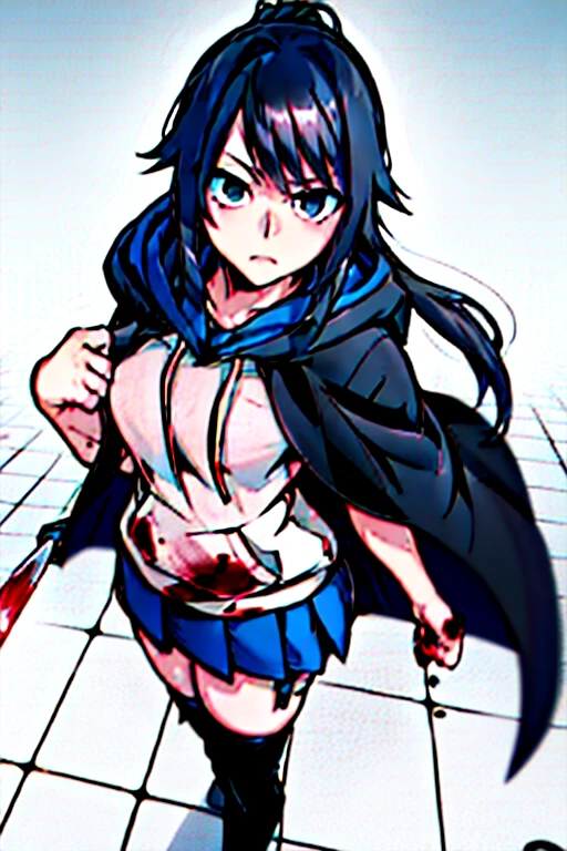 (absurdres, 8k, 4k, masterpiece, hyper extreme detailed:1.2), solo, 1girl, front view, perfect face, 1girl, portrait, looking at viewer, solo, standing, Female, Mature Female, expressive eyes, perfect face, black hair, black cloak, blood, blood stain, 1girl, ayano, black_hair, ponytail, full body, perfect anatomy, expressionless, emotionless, dead eyes, grim, grimace, black eyes, hood, medium bust, adult, standing, straight hair, pale, black skirt, thigh boots, black boots, full body, hood, hooded, pink cloak, long skirt, very long blue , pink scarf, hoodie, pink hoodie, skirt, knife, yandere, holding knife, knife_thigh_strap,