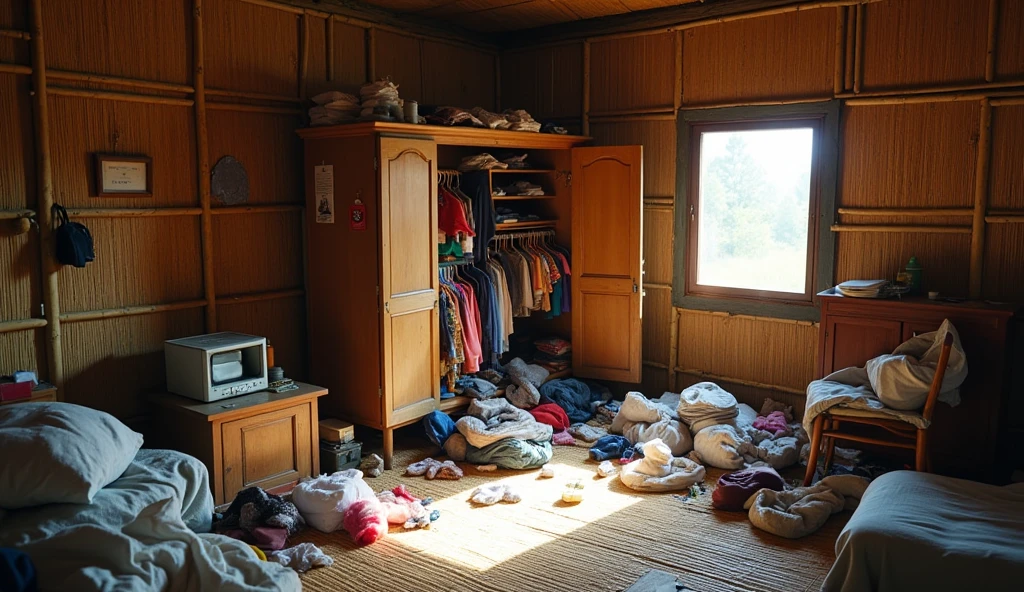 ((ultra-realistic photo)) [A messy, disorganized bedroom with clothes and various items scattered across the bamboo-matted floor. A worn wooden wardrobe stands in the corner, its doors wide open, revealing a chaotic jumble of clothes and belongings inside. The room has a simple and rustic charm, with woven bamboo walls that show signs of age, and minimal furnishings adding to the humble setting. The natural lighting streams softly through a small window, casting warm highlights and subtle shadows, emphasizing the texture of the bamboo walls and the cluttered floor. The overall atmosphere conveys a lived-in, rural simplicity. The composition is captured in a medium-wide shot, rendered in ((8K HDR)), showcasing every detail of the wardrobe, scattered belongings, and the intricate patterns of the bamboo walls, creating an authentic and immersive scene.]