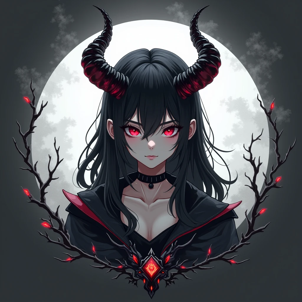 crossed arms, full moon, night, stars, black hair, blindfold, horns, portrait, indoors, building, garden, trees, bare shoulders