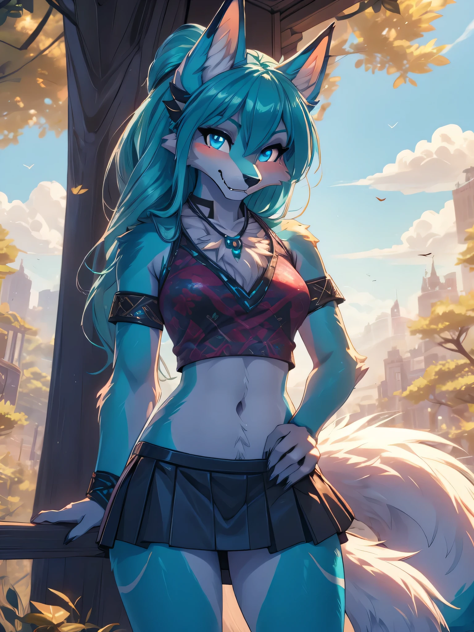 (best quality, masterpiece, perfect anatomy, detailed picture)), furry Miku Hatsune x vixen high definition good anatomy agregar_detalle:1, pelaje azul,Orejas de Kitsune, tribal tattoo agregar_detalle:1, cute girl agregar_detalle:1, blsck navel blouse and black mini skirt agregar_detalle:1, park landscape agregar_detalle:1, agregar_detalle:1, on bicycle red ride agregar_detalle, highly detalleed face, deep aqua iris agregar_detalle:1 lighting eyes agregar_detalle:3, garras de lobo, sharp fangs agregar_detalle:1, wild slut agregar_detalle:1, aura of resplendent light agregar_detalle:3, sakuras landscape agregar_detalle:1