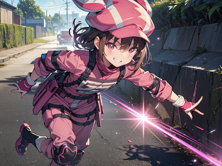 in battle, (leaning forward:1.5), (running with a forward lean:1.2),
 have a pink gun, p90,
Llenn,anime style,(( top quality)), ((masterpiece)),( Details), high definition ,Sharp focus, perfect face, beautiful eyes,{best illustration},(非常に Details CG unity 8k wallpaper),
((( vibrant colors))),(((shiny 肌,very shiny 肌, Shiny Body ))),(plastic glitter 肌),(exaggerated shiny 肌,illuminated skin),
( perfect finger),(Five fingers),(complete anatomy),1 girl, , slim, small, (flat chest), Short Hair, light brown hair , female 
(pink battle jacket),(pink long pants), pink bottoms, knee pads, fur trim, gloves, straps, Pink animal hat,military boots,  
blush, grin,

Wire Mesh,Unpopular,Along the irrigation canal,Outdoor,cracked asphalt,weed, Ruined Wall,