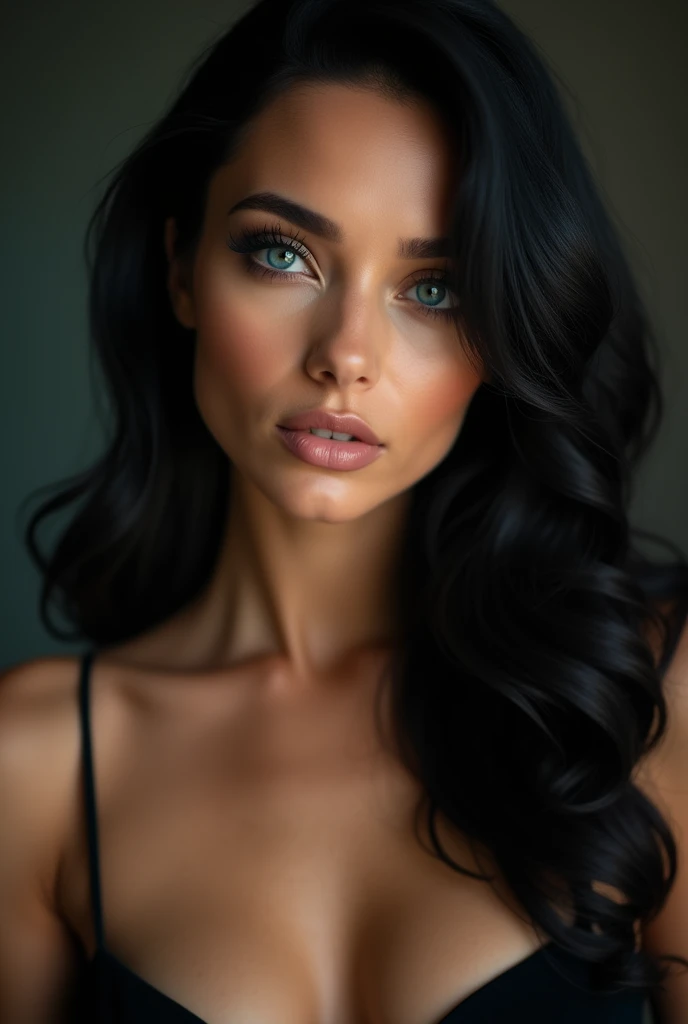 (((ultra realistic))) Photo, masterpiece, top quality, (Pale skin), (Ultra detailed face and eyes.:1.3), 1 girl, naked ((eye makeup)), ((big detailed lips)), ((dark wavy hair)), ((stylish hairstyle)) , (heavy breasts). ((Posing)), Photoshoot, (contour) Turning on, (The game of lights and shadows), depth of field, bokeh, (Special attention to leather details.: 1.2), detailed leather texture, skin pores. (Warm frame environment.. color combination - black, yellow, red, orange tones), DR, ((film grain)), good heavens, (Glare), ((Photo to the waist)) , ultra detialed,