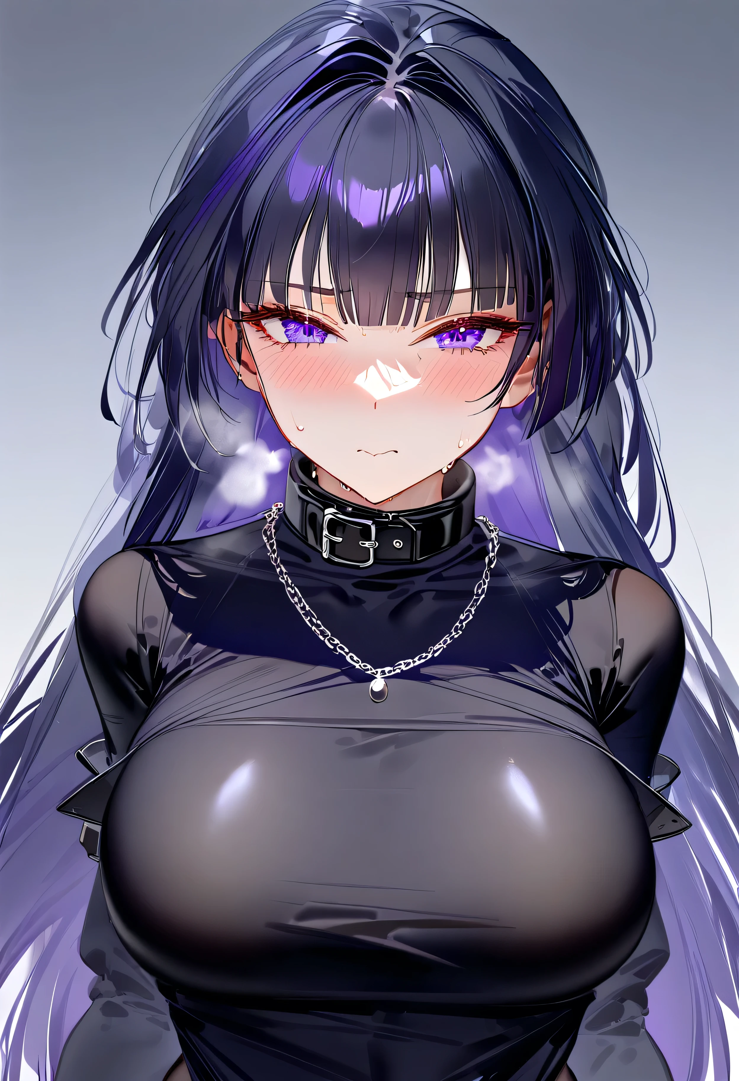 RAR, score_9, score_8_up, score_7_up, masterpiece, best quality, absurdres, vibrant, highly detailed, 1girl, adult grown woman, raiden mei, purple hair, long hair, purple eyes, blush, heavy breathing, closed mouth, sweat, minimalist design outfit, black shirt, oversized shirt, shirt, off shoulder, stockings, necklace, chain, collar, incoming hug, sweat