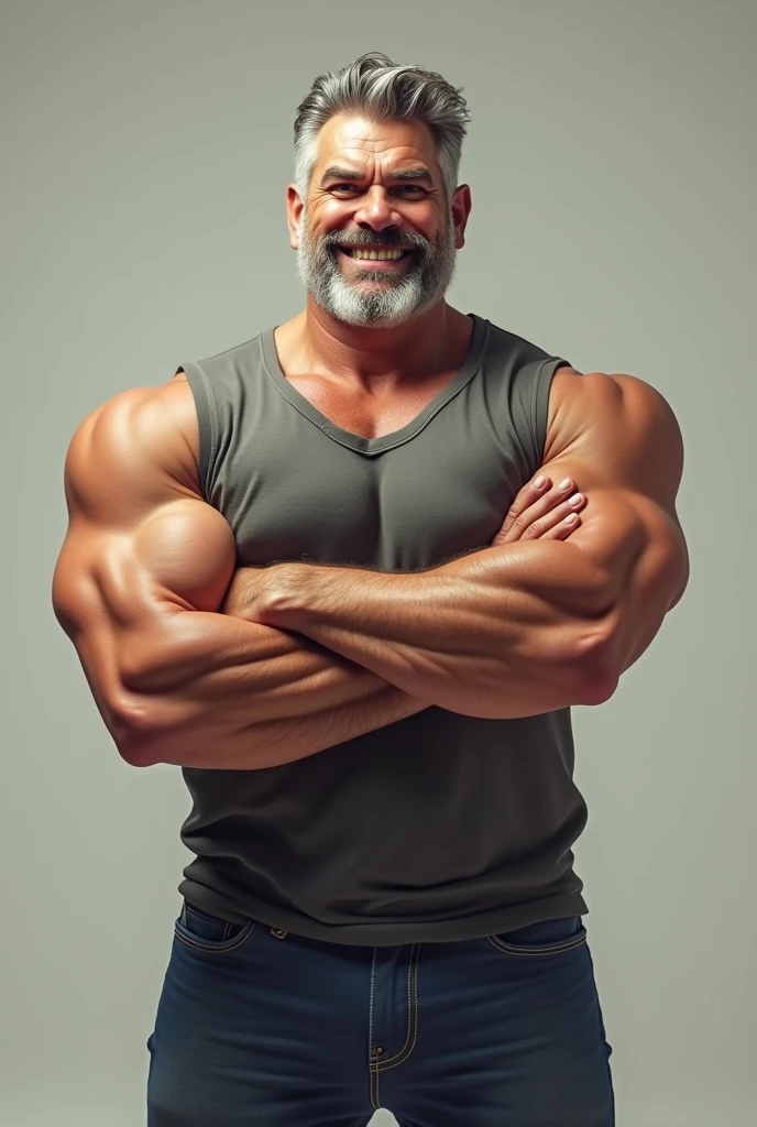 Wild muscle man, (40 year old dad:1.1), Chico 1, alone, Grey Hair (Black dress shirt), (Big shoulders), Muscle tissue, Nargon, Stubble, Short Beard, Cute eyes:1.3, ), (Detailed face:1.3), Wearing glasses, smile, Dynamic Angle, Volumetric lighting, (Highest quality, High resolution, Realistic), Cinema Lighting, masterpiece, Raw photo, Intricate details, High resolution, whole body, Tight jeans ,Cross your arms、Gold Necklace、Gold Bracelet、Huge pectoral muscles、Giant Arms、glare、darkness