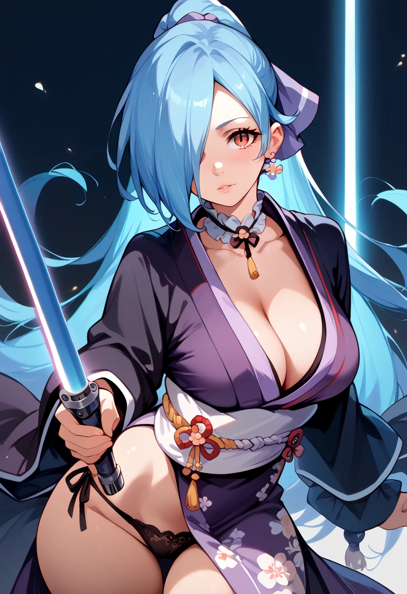 masterpiece, high definition , top quality,8k
(Yamato Iori, light blue hair,hair over right eye,Busty)
( purple kimono, cleavage,big slit,black string panties)
(blue Lightsaber, Black Robe )