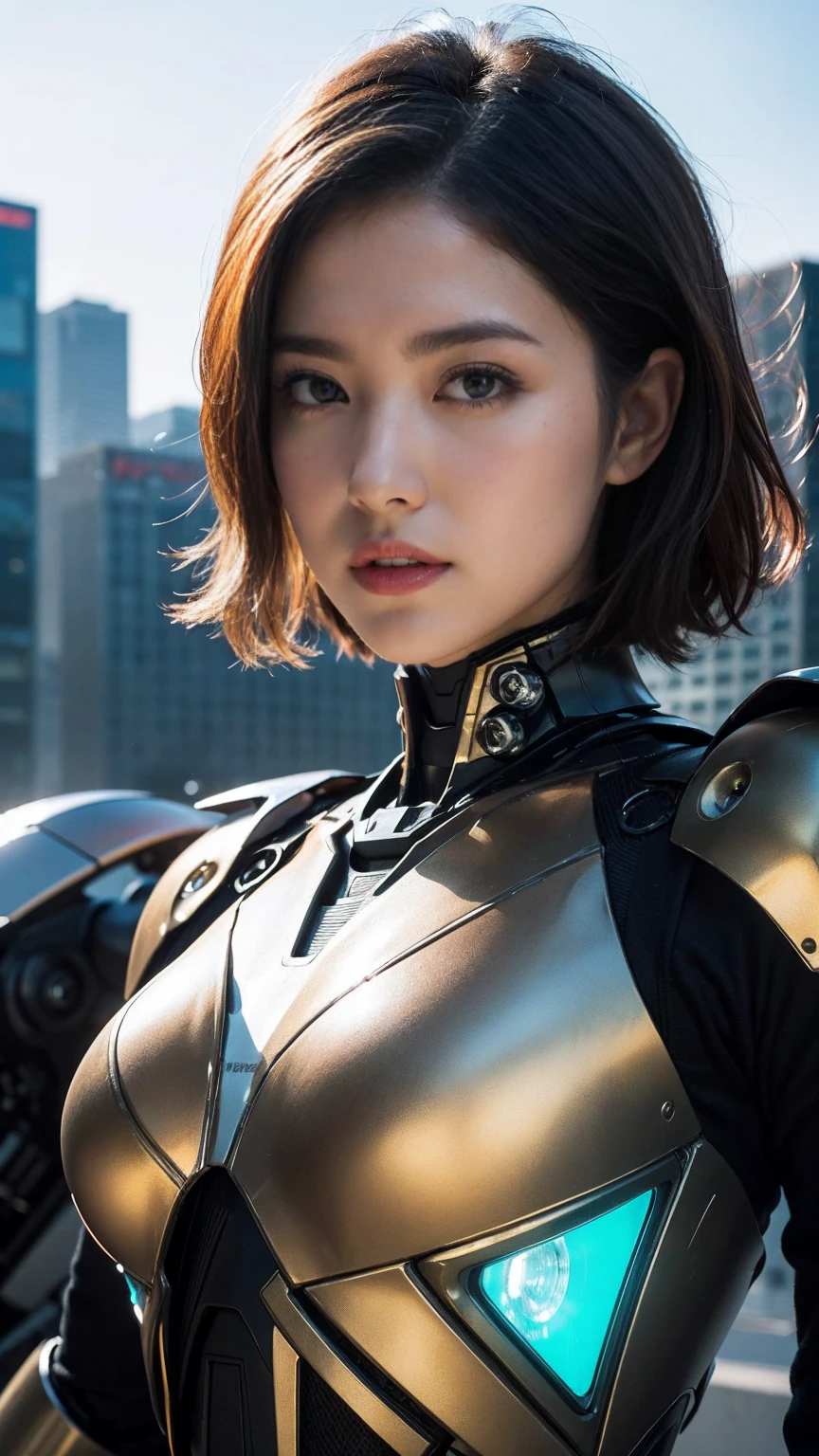(RAW photo, highest quality), (realistic, Photoreal:1.3), 1 girl, bob cut、earrings、luminous hair band、realisticbody,Space Princess、detailed silver dress、Pyramid flying from space、laser