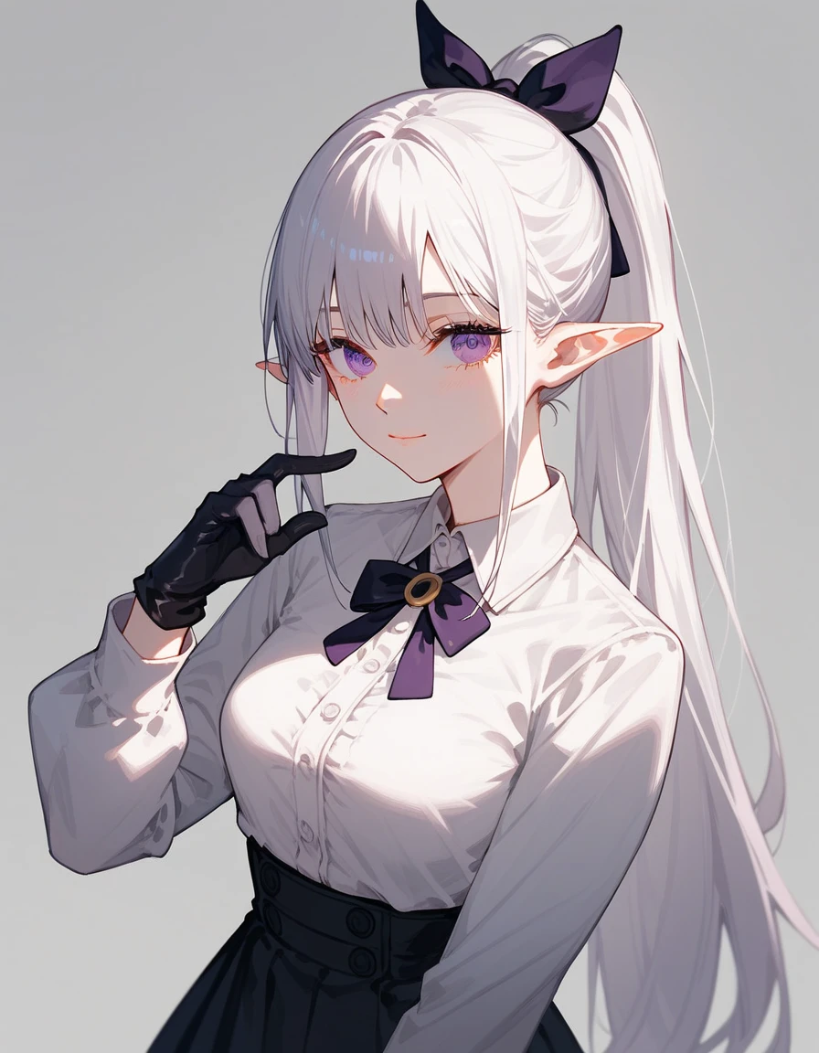 1girl, {{{frieren,o3o }}}, sousou no frieren, tone, shadow, hidari_(left_side), wada arco, hiro_(dismaless), shirabi, dynamic angle, kiss, blowing kiss, earrings, elf, green eyes, jewelry, long hair, looking at viewer, pointy ears, smile, twintails, upper body, white hair, white background, best quality, amazing quality, very aesthetic, absurdres